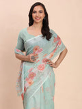 Sea Green SANSKRIT PRINTS Linen Cotton Saree with Blouse Piece - EZBER