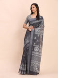 Black SANSKRIT PRINTS Linen Cotton Saree with Blouse Piece - EZBER