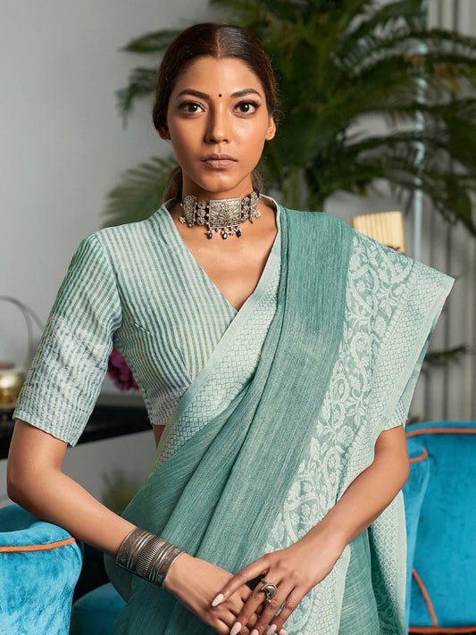 Sea Green Linen Saree With Blouse Piece - EZBER