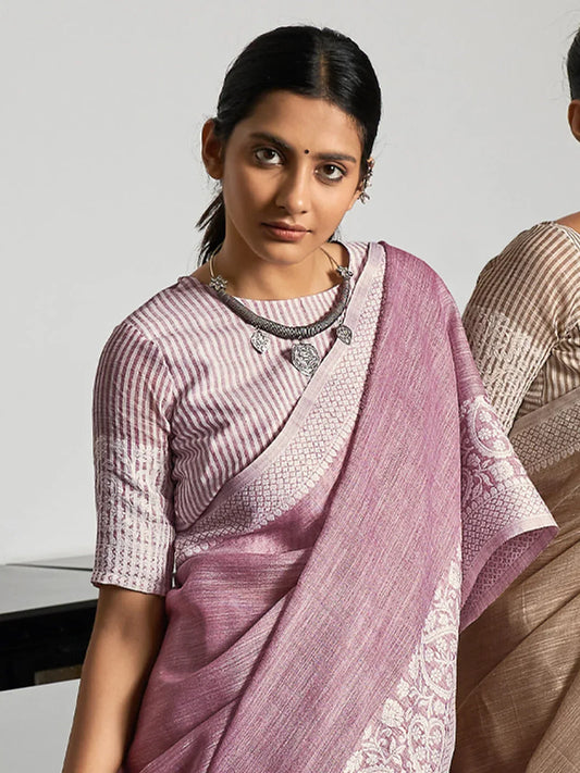 Purple Linen Saree With Blouse Piece - EZBER