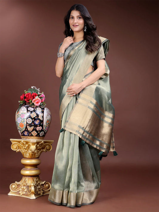 Sea Green Organza Saree With Blouse Piece - EZBER