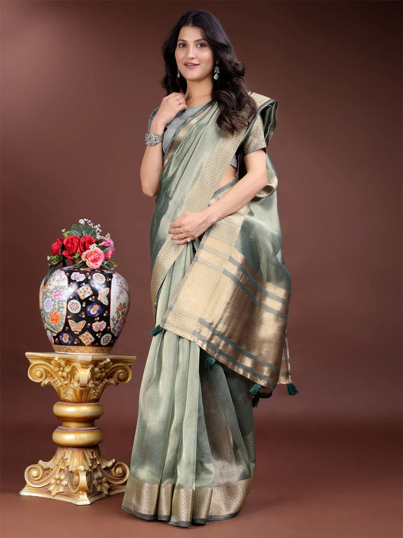 Sea Green Organza Saree With Blouse Piece - EZBER