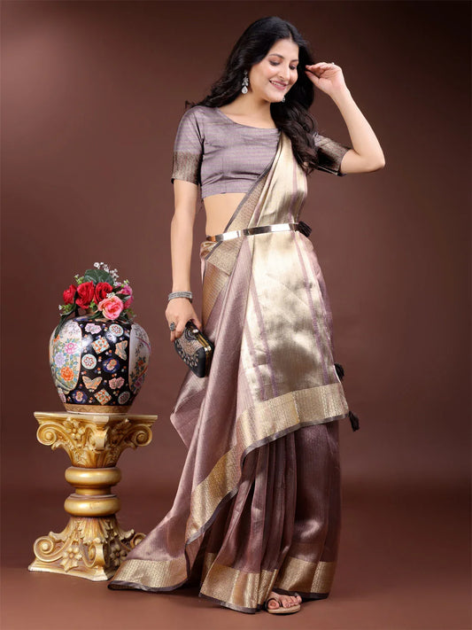 Purple Organza Saree With Blouse Piece - EZBER