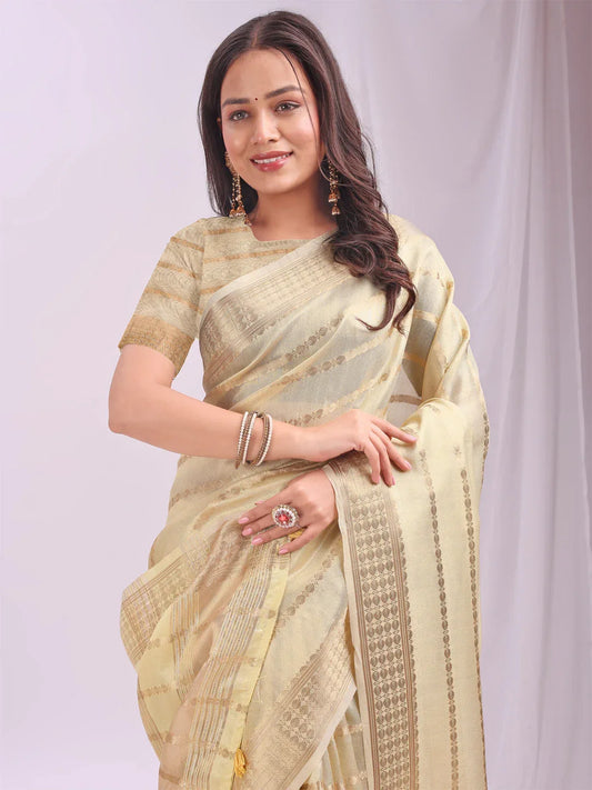 Gold PORTO Organza Saree with Blouse Piece - EZBER