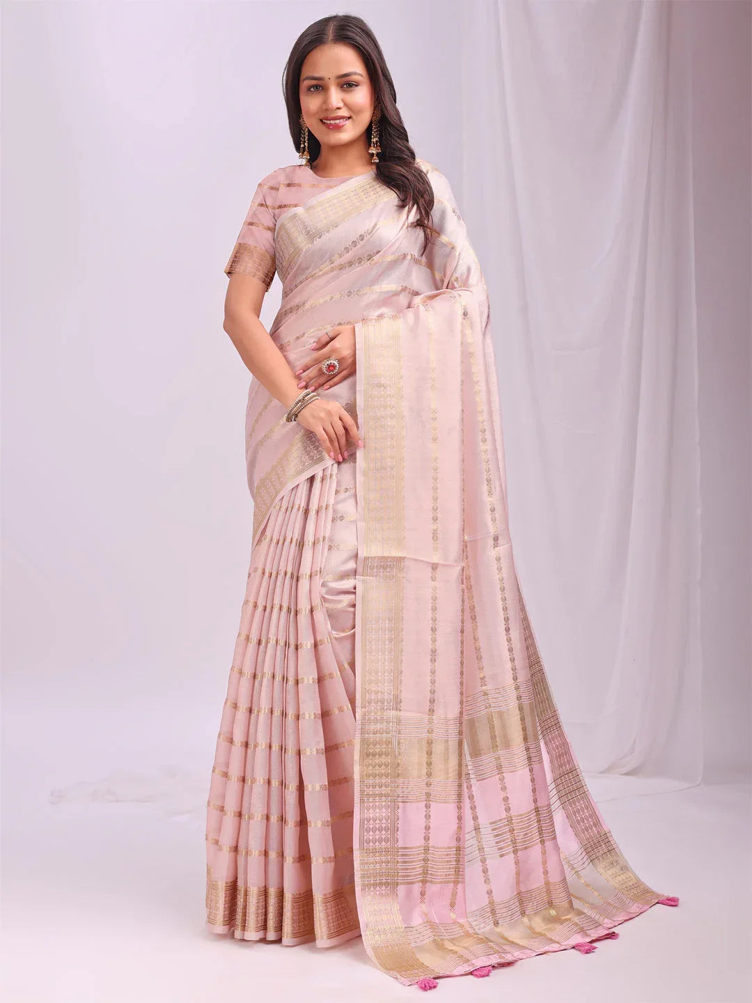 Peach PORTO Organza Saree with Blouse Piece - EZBER
