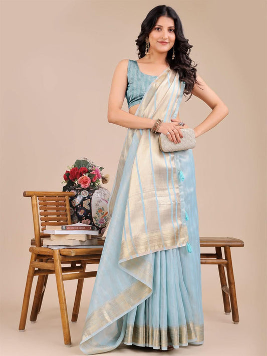 Sky Blue Organza Saree With Blouse Piece - EZBER