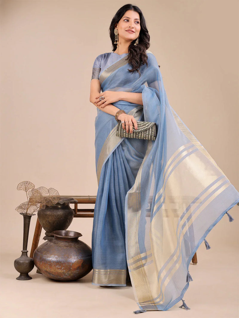 Sky Blue Organza Saree With Blouse Piece - EZBER