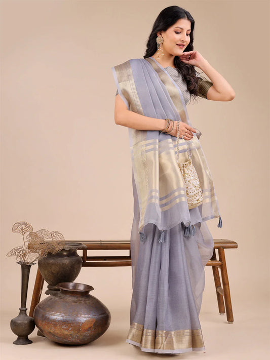 Grey Organza Saree With Blouse Piece - EZBER