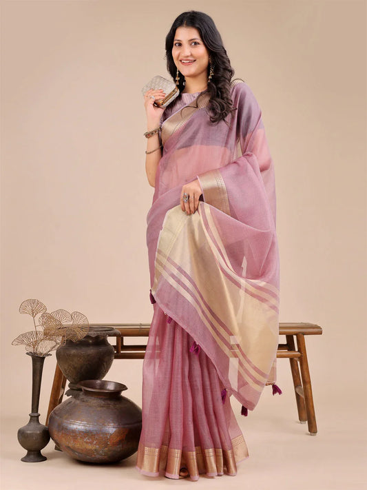 Purple Organza Saree With Blouse Piece - EZBER