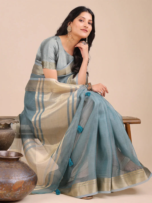 Sea Green Organza Saree With Blouse Piece - EZBER