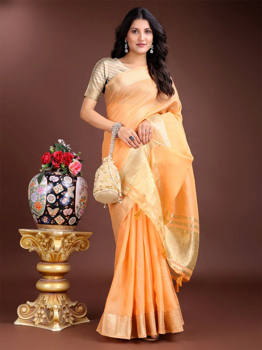 Orange Cotton Saree With Blouse Piece - EZBER