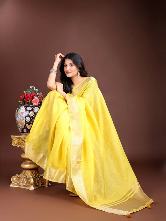 Yellow Cotton Saree With Blouse Piece - EZBER