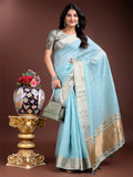 Sky Blue Cotton Saree With Blouse Piece - EZBER