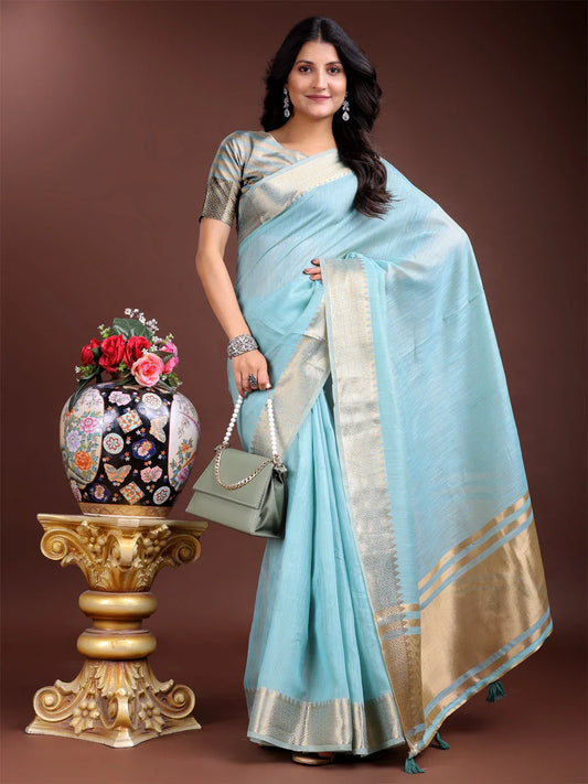 Sky Blue Cotton Saree With Blouse Piece - EZBER