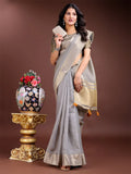 Grey Cotton Saree With Blouse Piece - EZBER