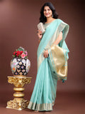 Sea Green Cotton Saree With Blouse Piece - EZBER