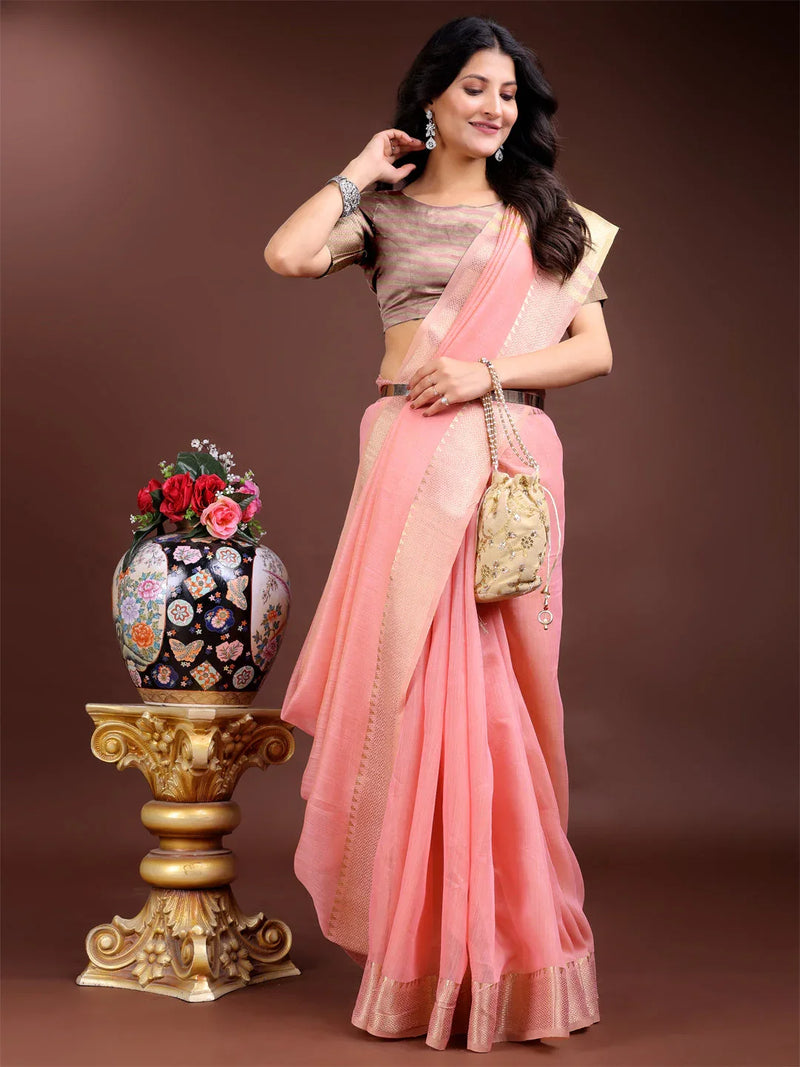 Pink Cotton Saree With Blouse Piece - EZBER