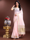 Light Pink Cotton Saree With Blouse Piece - EZBER