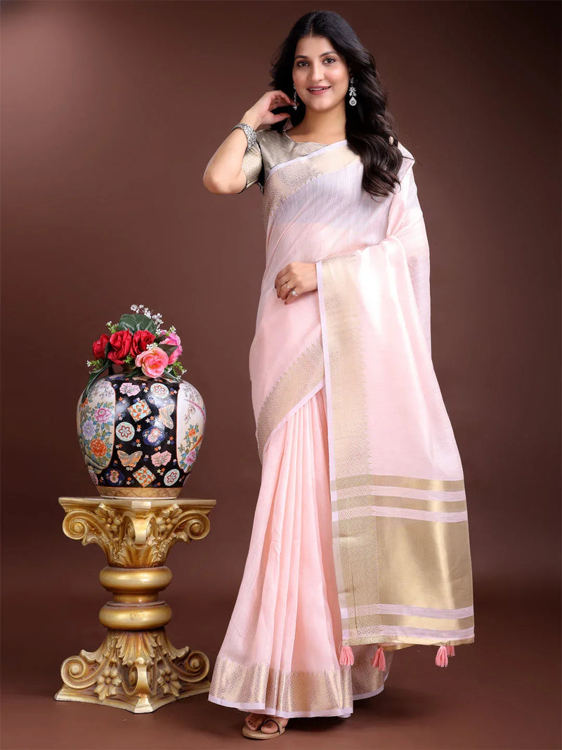 Light Pink Cotton Saree With Blouse Piece - EZBER