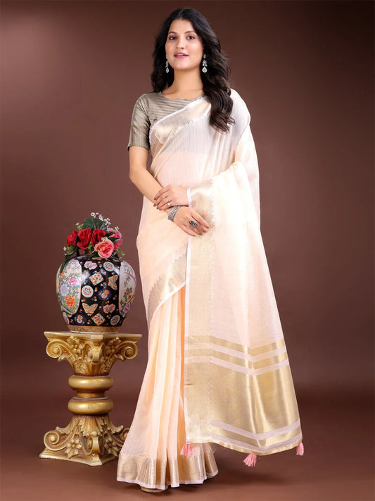 Peach Cotton Saree With Blouse Piece - EZBER