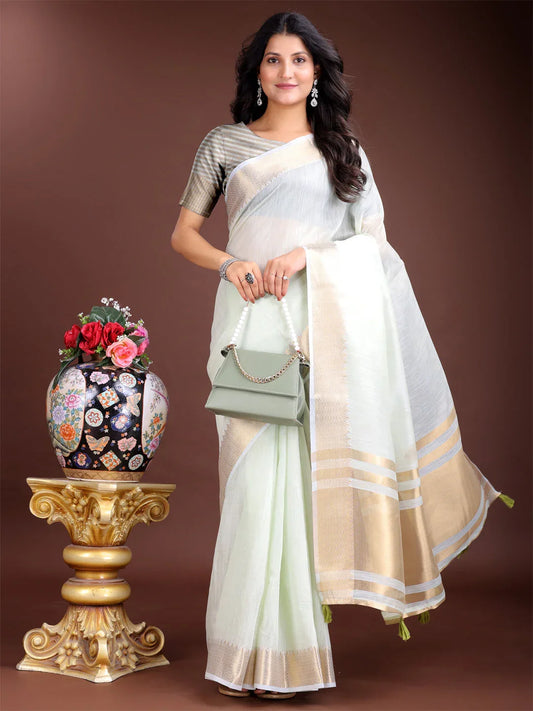 Light Green Cotton Saree With Blouse Piece - EZBER