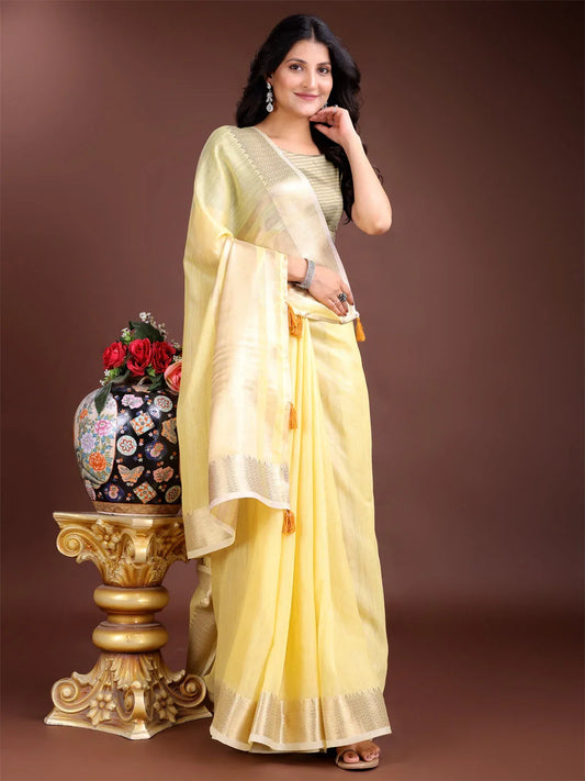 Yellow Cotton Saree With Blouse Piece - EZBER