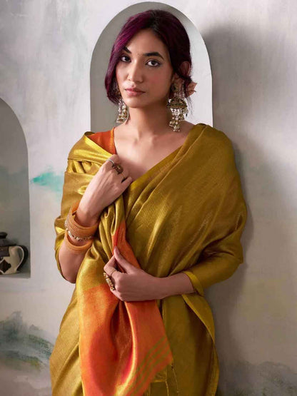 Mustard Tissue Silk Brocade Saree | EZB SI04 SWTIS1002