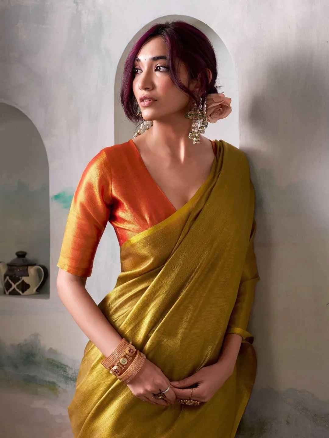 Mustard Tissue Silk Brocade Saree | EZB SI04 SWTIS1002