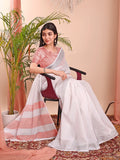 Sky Blue Linen Cotton Saree With Blouse Piece - EZBER