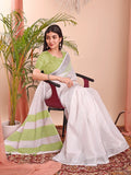 White Linen Cotton Saree With Blouse Piece - EZBER