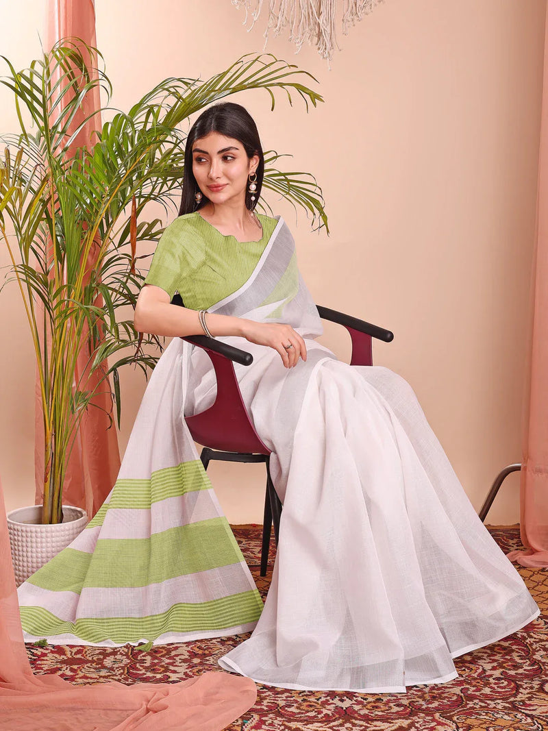 White Linen Cotton Saree With Blouse Piece - EZBER