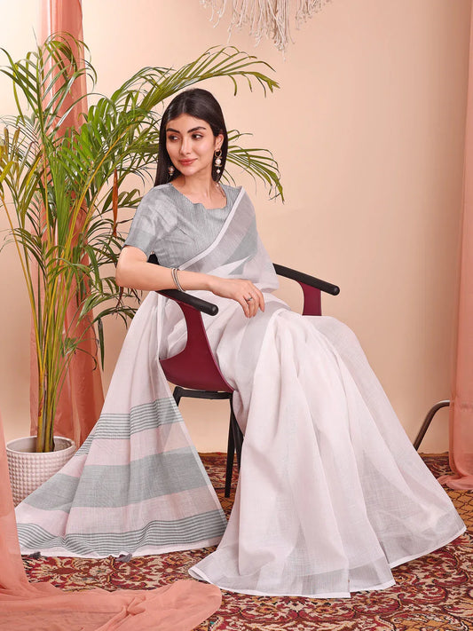 White Linen Cotton Saree With Blouse Piece - EZBER