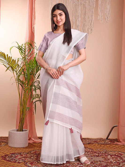White Linen Cotton Saree With Blouse Piece - EZBER
