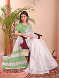 White Linen Cotton Saree With Blouse Piece - EZBER