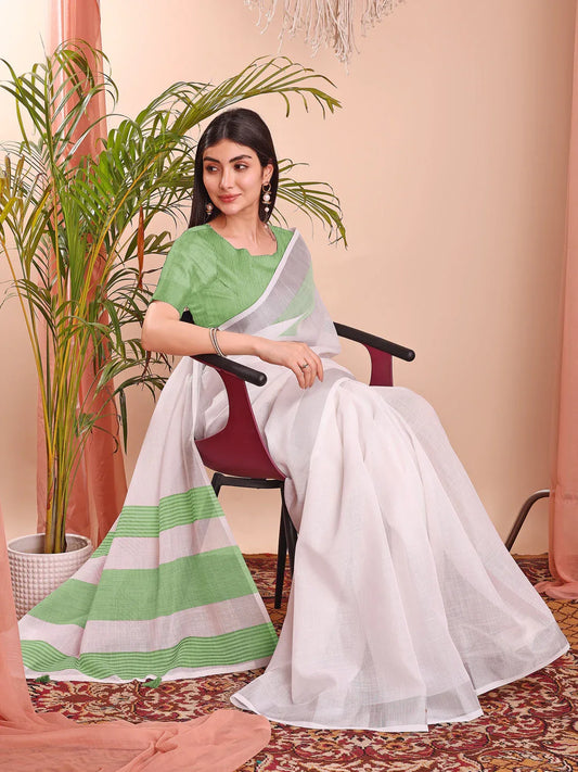 White Linen Cotton Saree With Blouse Piece - EZBER