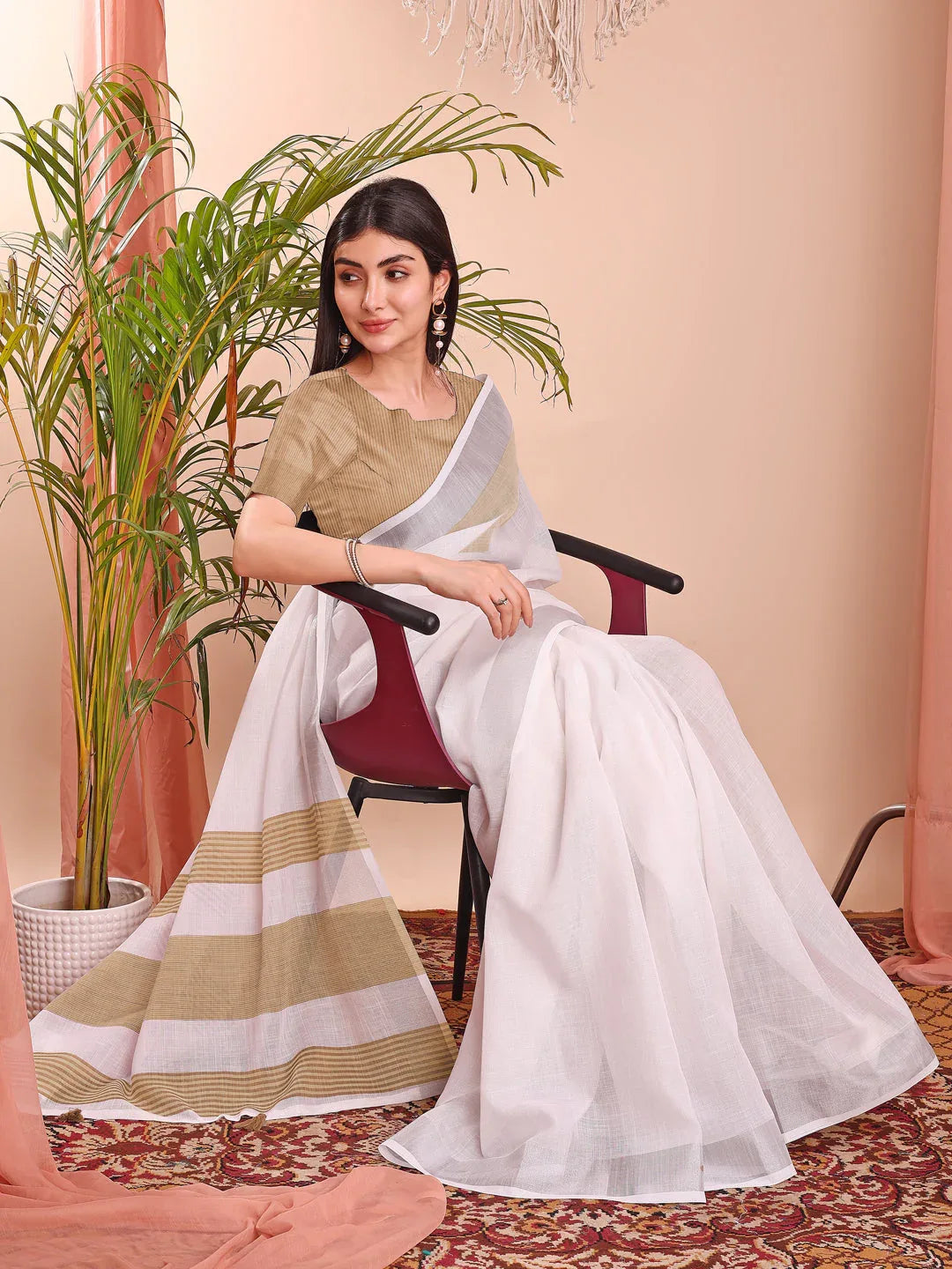 White Linen Cotton Saree With Blouse Piece - EZBER