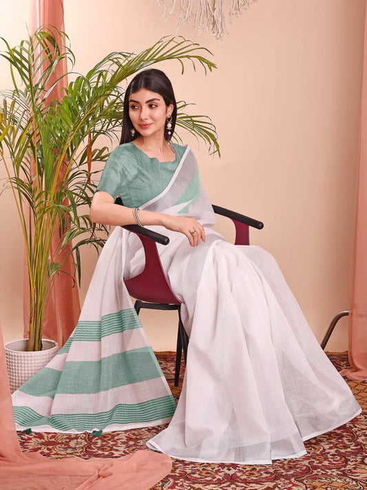 White Linen Cotton Saree With Blouse Piece - EZBER