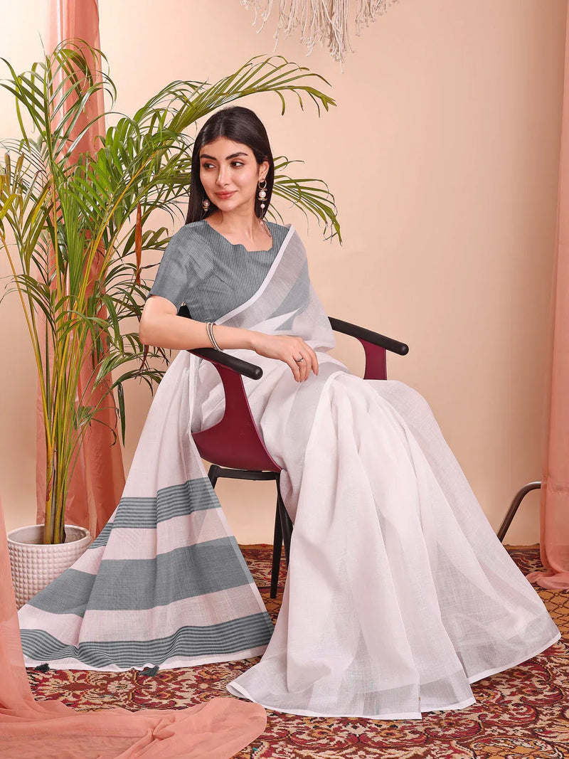 White Linen Cotton Saree With Blouse Piece - EZBER