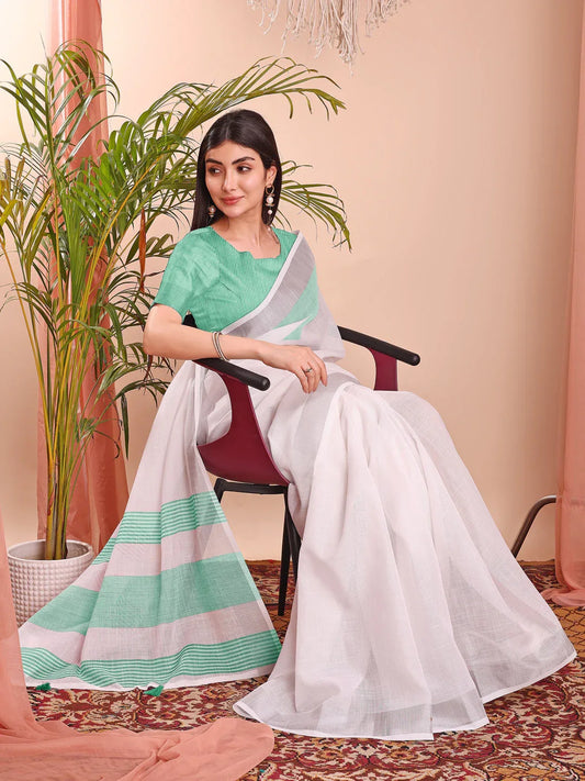 White Linen Cotton Saree With Blouse Piece - EZBER