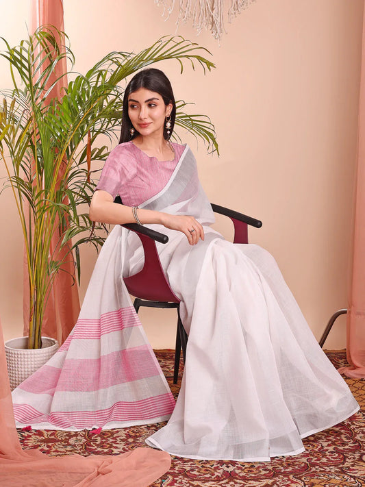 White Linen Cotton Saree With Blouse Piece - EZBER