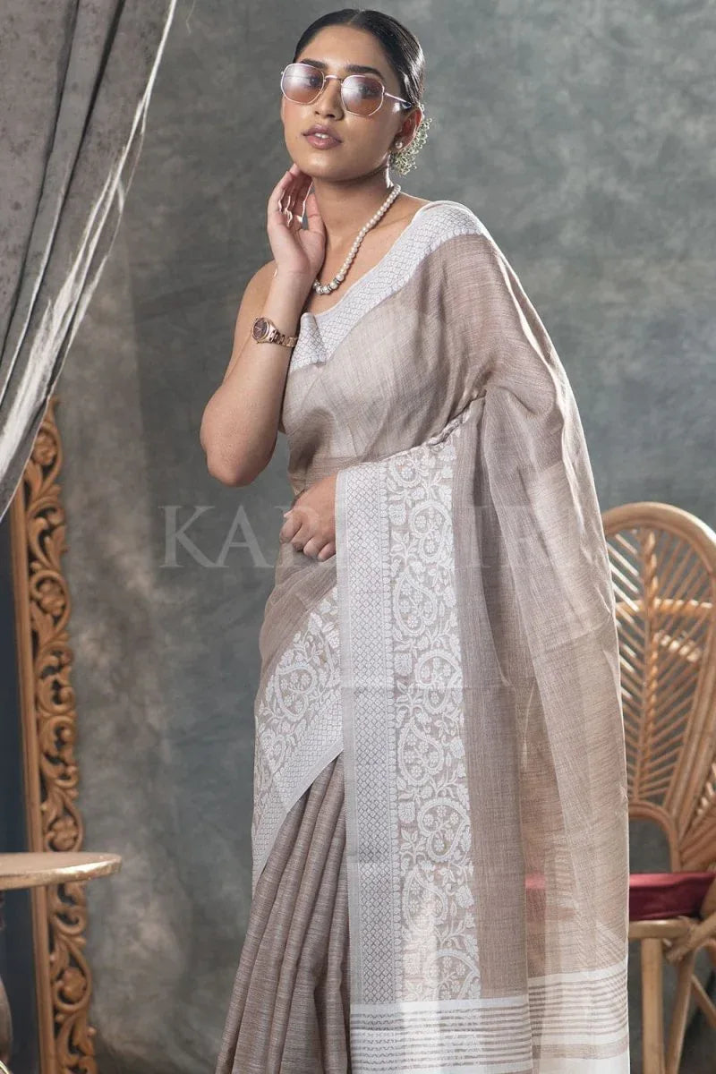 Tan Beige Linen Blend Saree - EZBER