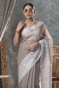 Tan Beige Linen Blend Saree - EZBER