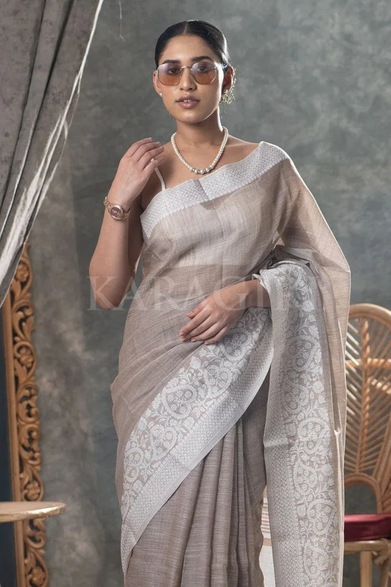 Tan Beige Linen Blend Saree - EZBER