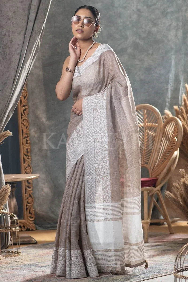 Tan Beige Linen Blend Saree - EZBER