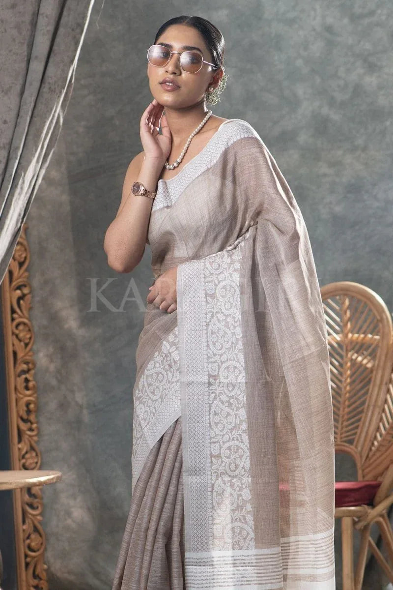 Tan Beige Linen Blend Saree - EZBER