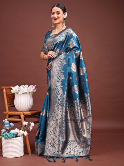 Teal Banarasi Silk Brocade Saree | EZB SI04 ASSIL1003 - EZBER