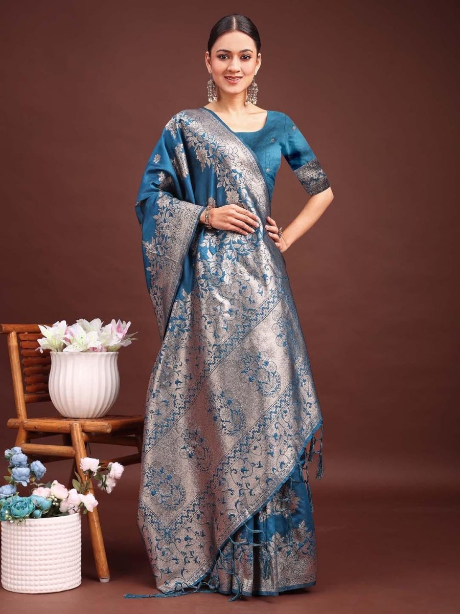 Teal Banarasi Silk Brocade Saree | EZB SI04 ASSIL1003 - EZBER