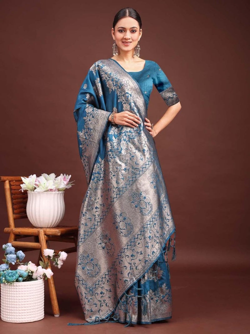 Teal Banarasi Silk Brocade Saree | EZB SI04 ASSIL1003 - EZBER