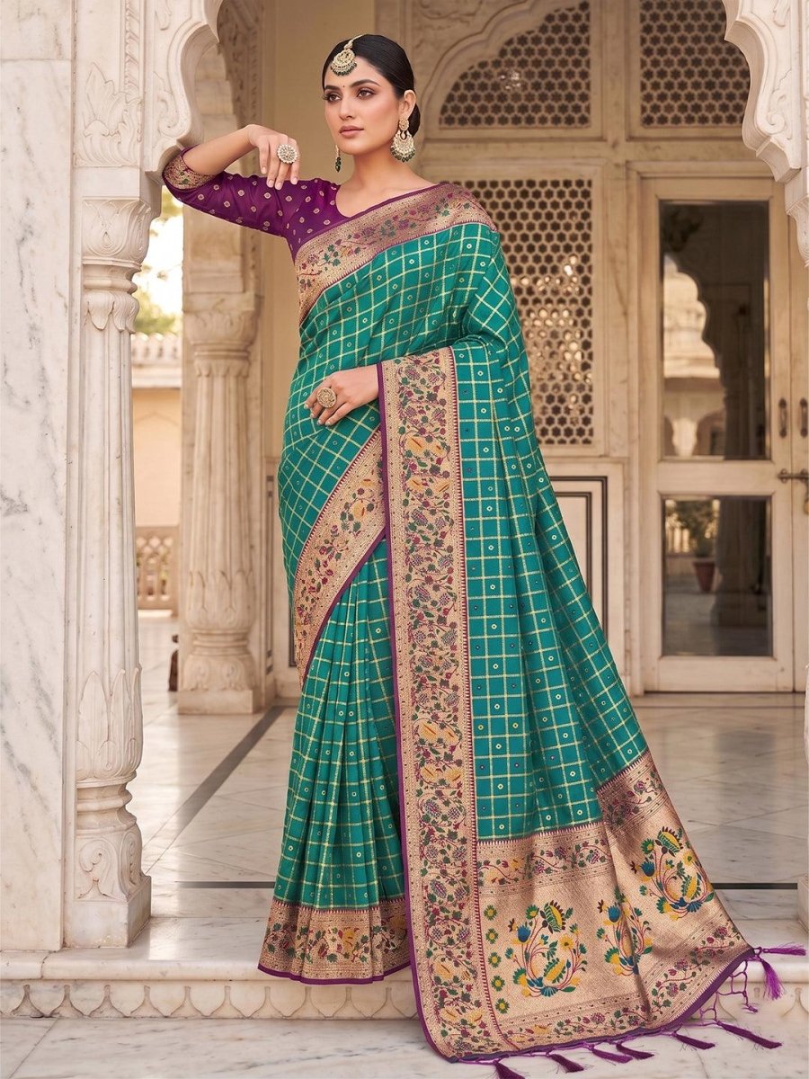 Teal Banarasi Silk Contrast Pallu Saree | EZB SI04 SUKLN1006 - EZBER