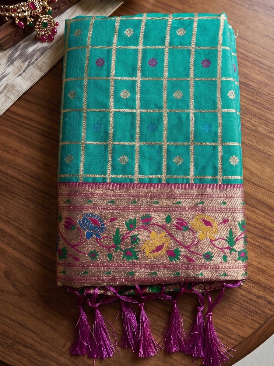 Teal Banarasi Silk Contrast Pallu Saree | EZB SI04 SUKLN1006 - EZBER